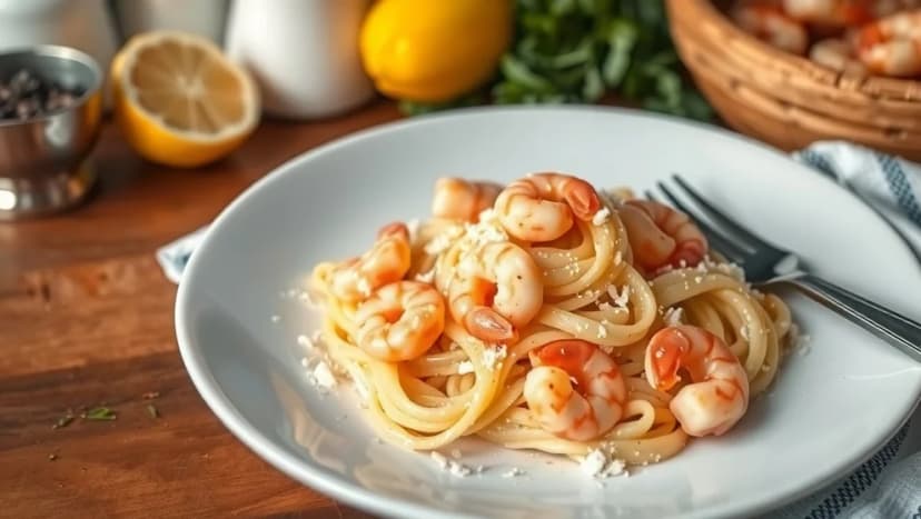 Krämig pasta med räkor och parmesan